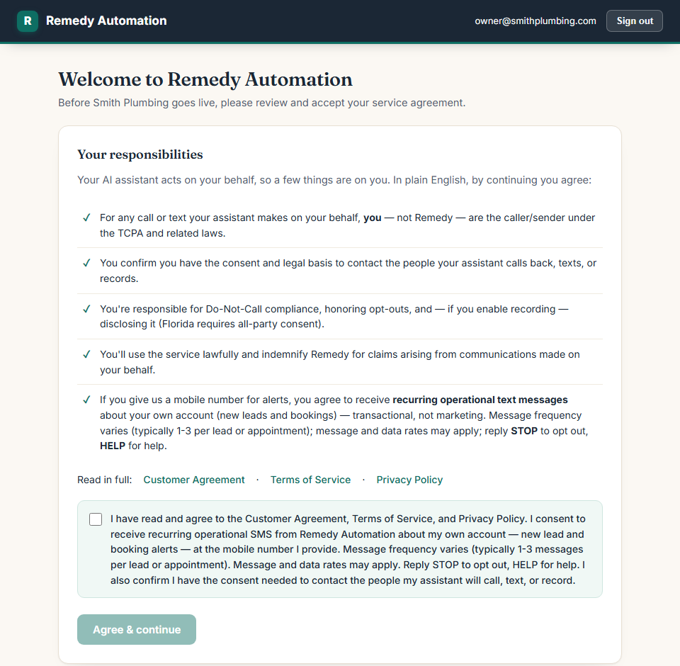 Remedy Automation onboarding consent screen showing the SMS opt-in checkbox a business owner must check before the dashboard unlocks.